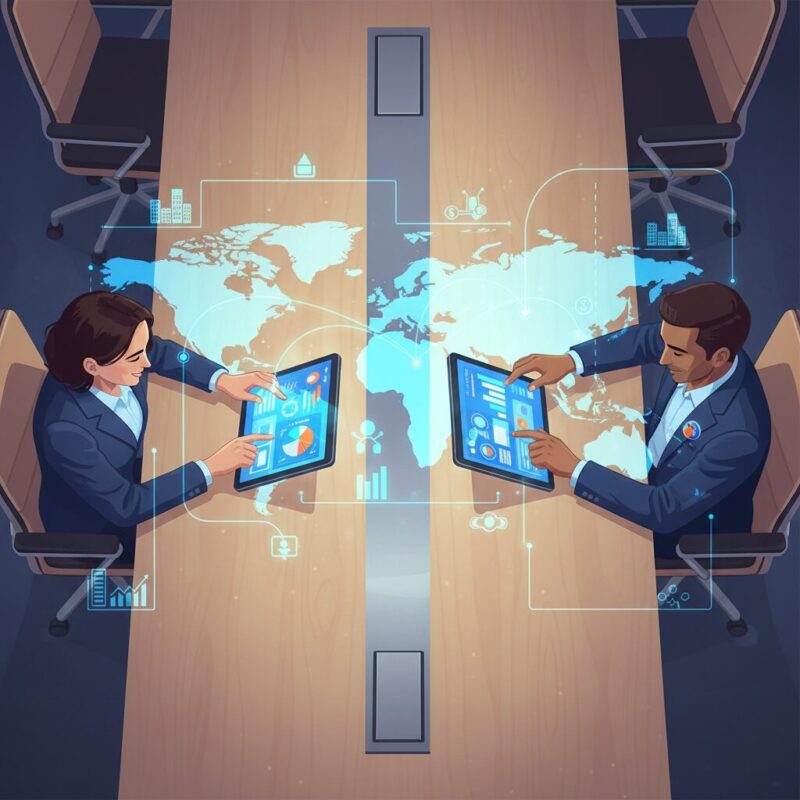 Executives collaborating on cross-border business grants between the US and UK