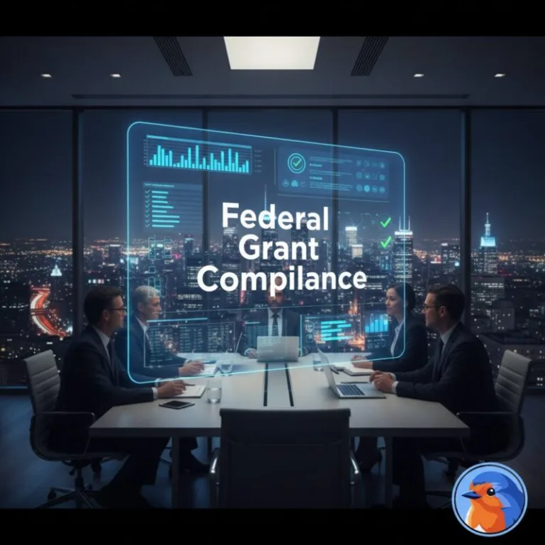 Federal Grant Compliance featured image with holographic checklists and corporate boardroom background