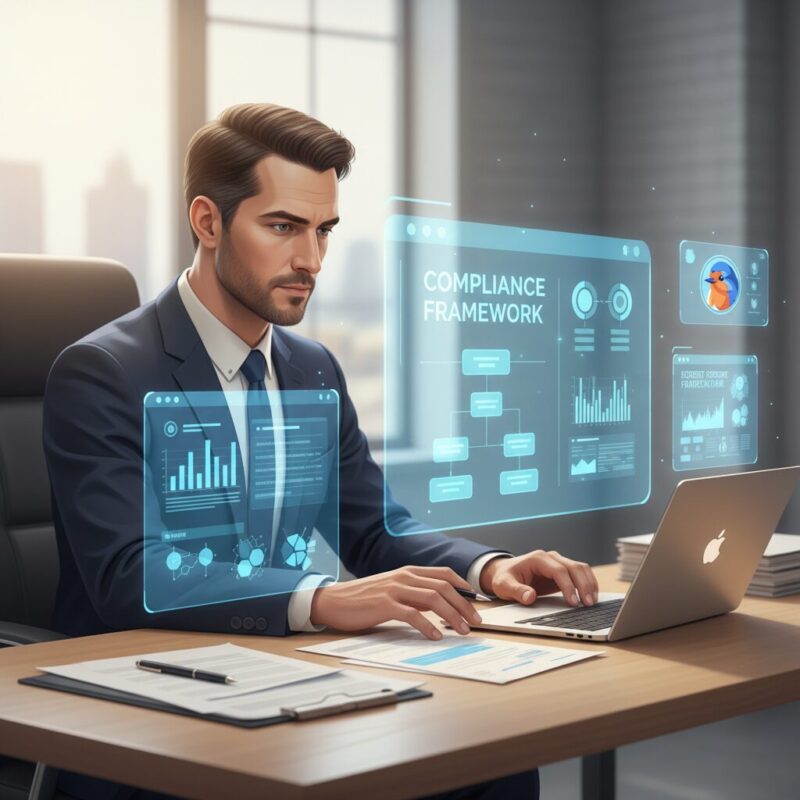 Financial director reviewing organized compliance frameworks and audit data