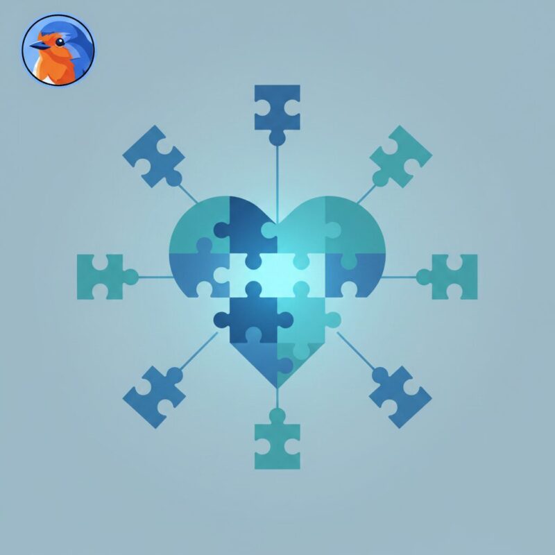 Flat design dashboard node with connecting puzzle pieces representing shared data