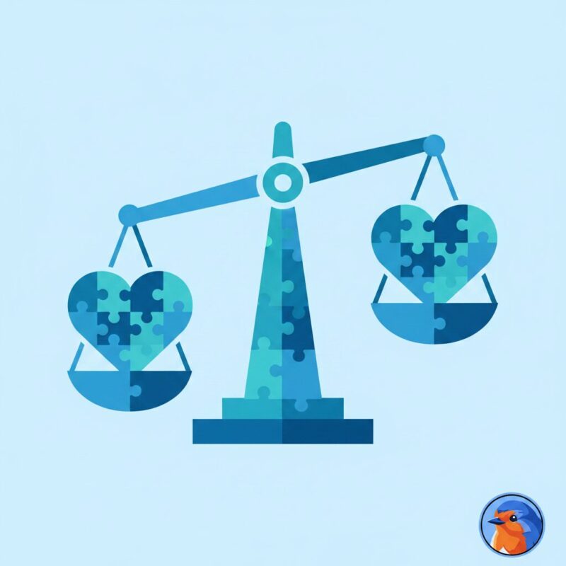 Flat design illustration of balanced legal scales made of puzzle pieces