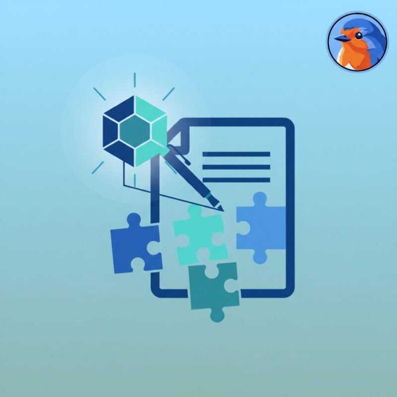 Flat design of an AI node merging puzzle pieces into a single document