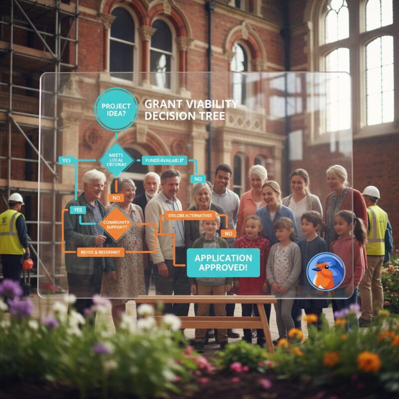 Flowchart showing a grant viability decision matrix on a glass whiteboard