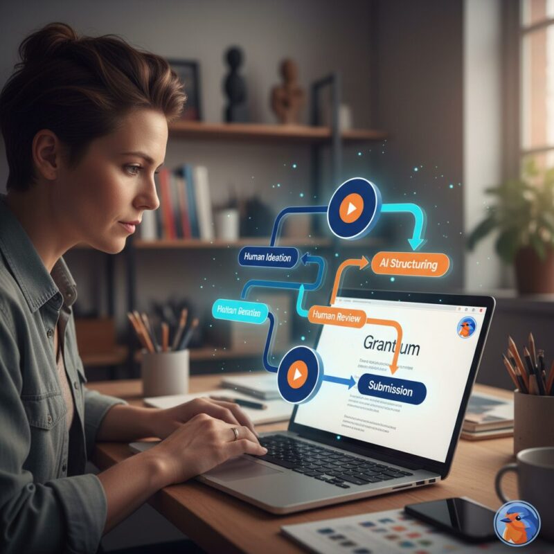 Flowchart showing the ethical integration of AI in grant writing with human oversight