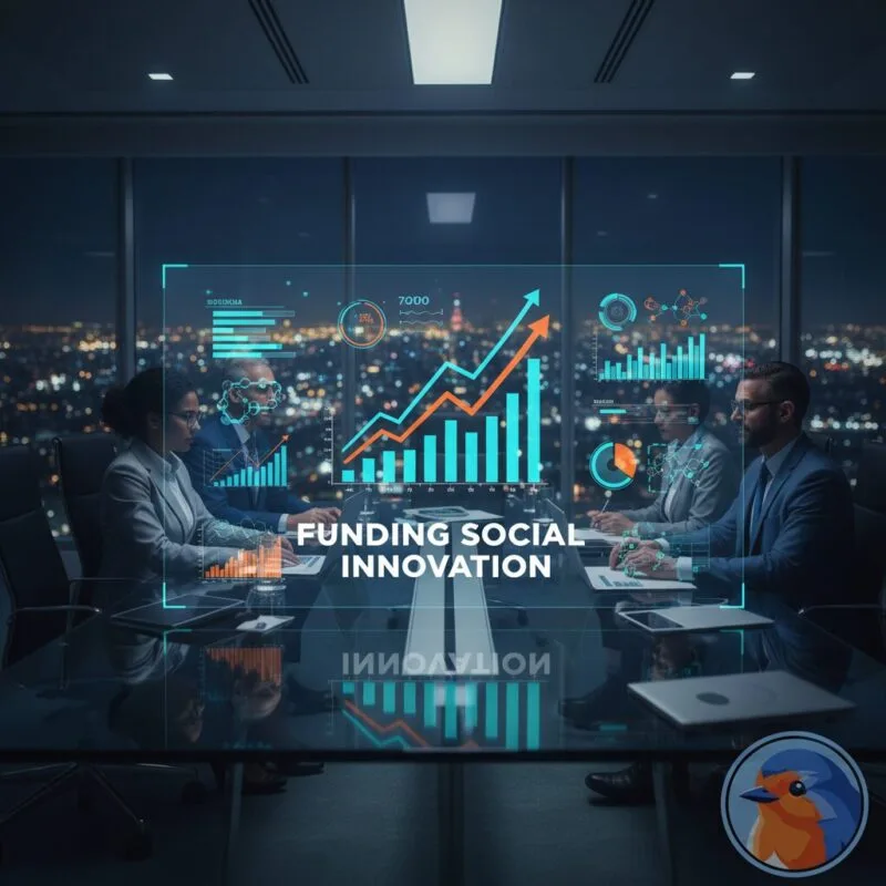 Funding Social Innovation featured image with holographic data charts in a modern boardroom