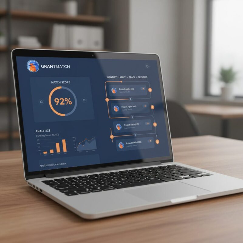 FundRobin AI dashboard showing grant matching scores and pipeline analytics