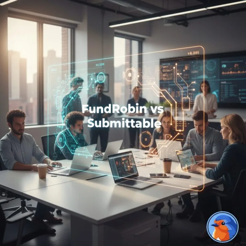 FundRobin vs Submittable comparison in a modern corporate office with holographic data interfaces