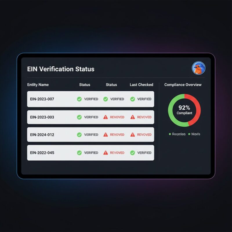 FundRobin Zero-Trust compliance dashboard showing verified EINs and revoked statuses