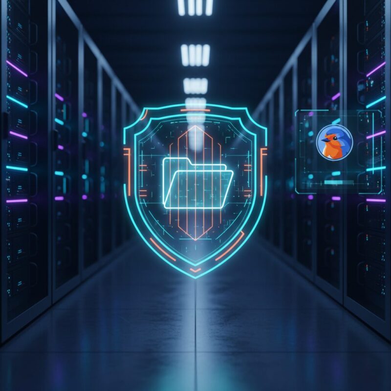 Glowing digital shield protecting organizational data in a modern server environment