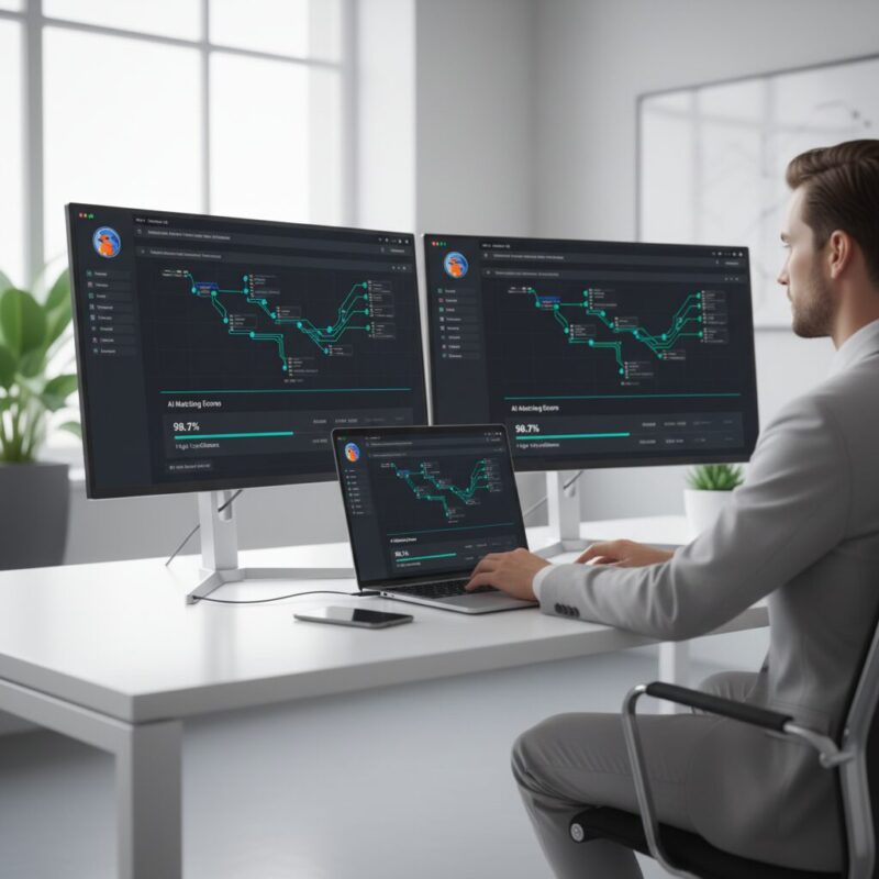 Grant professional using modern AI software interface on dual monitors