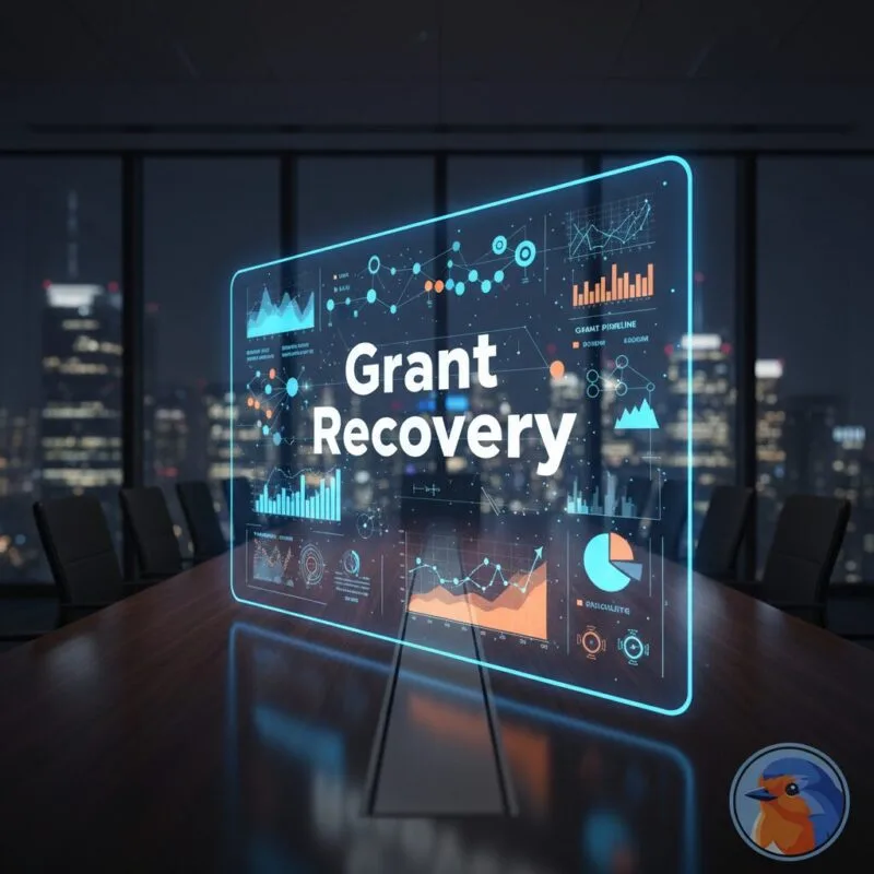 Grant Recovery featured image with holographic analytics charts in a modern boardroom
