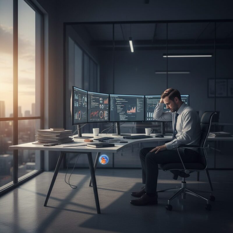 Grant writer experiencing burnout at a desk with multiple monitors and scattered paperwork