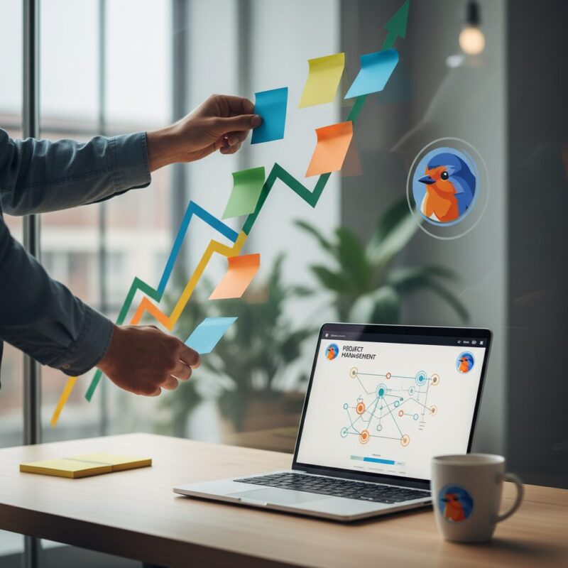 Hands arranging strategic planning notes on a glass whiteboard