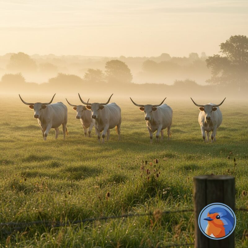 Herd of rare park cattle walking through a misty meadow at sunrise