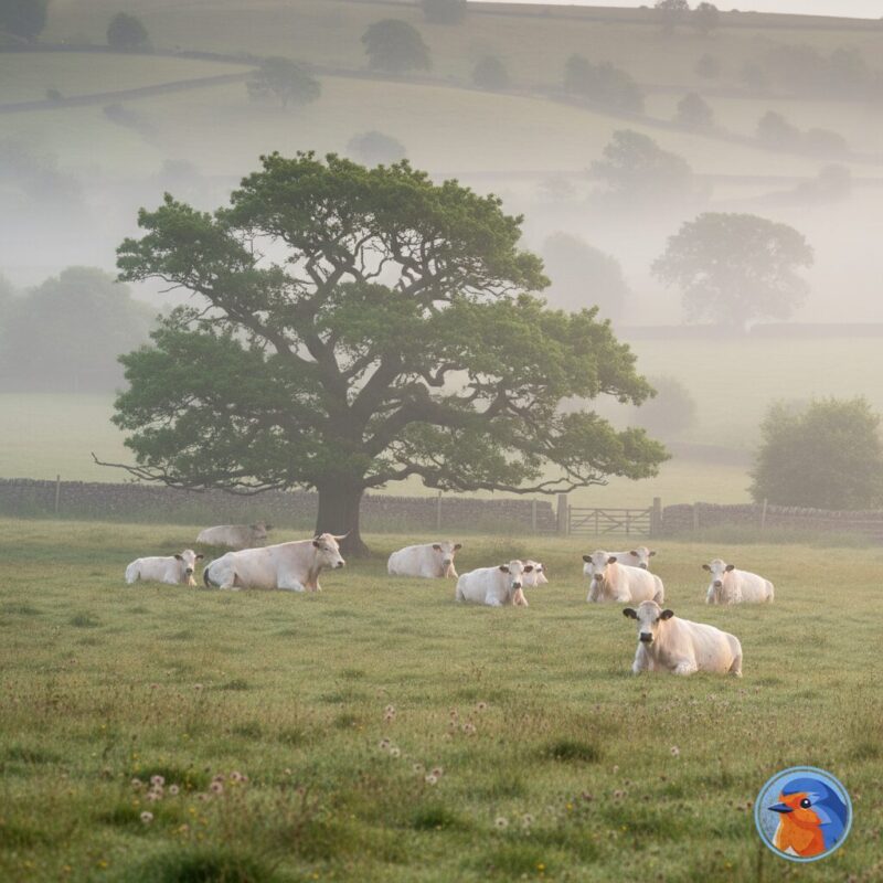 Heritage cattle resting under an oak tree on a well-managed conservation farm