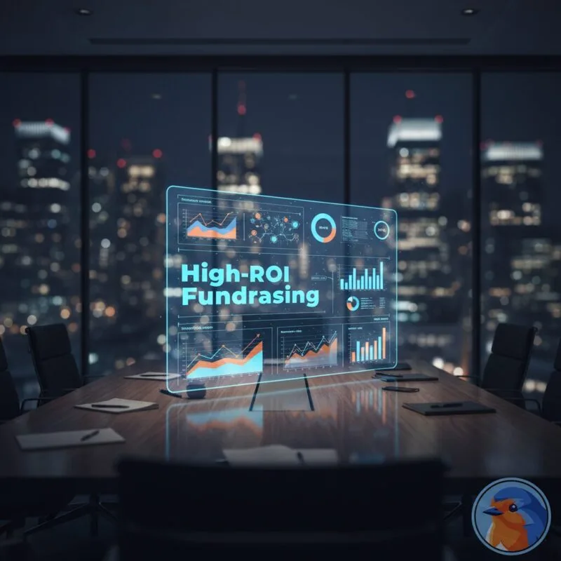 High-ROI Fundraising featured image showing holographic impact data in a corporate boardroom