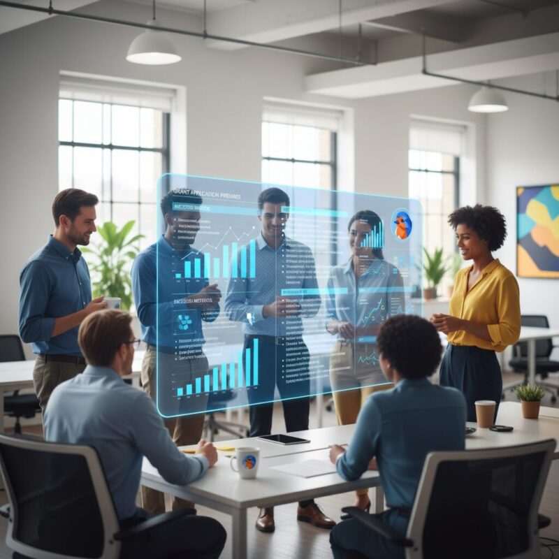 Holographic dashboard displaying grant proposal pipelines and AI automation metrics