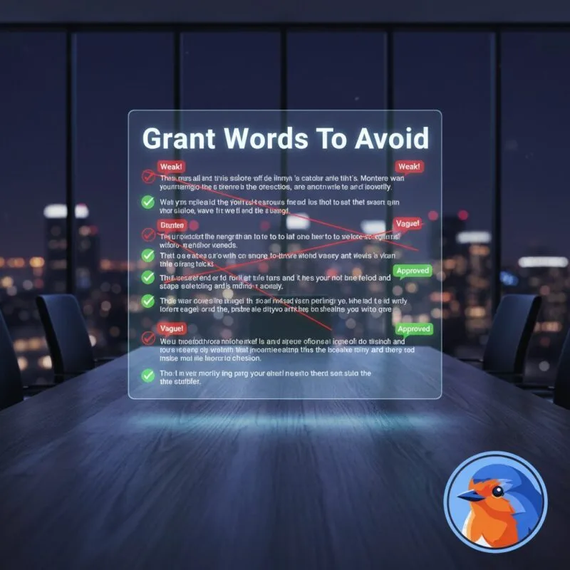 Holographic display showing grant words to avoid over a boardroom table