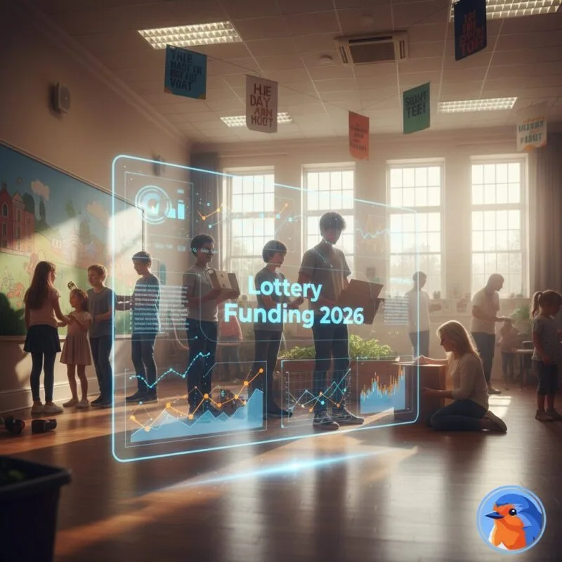 Holographic financial data floating above a bright UK community center representing National Lottery funding strategy