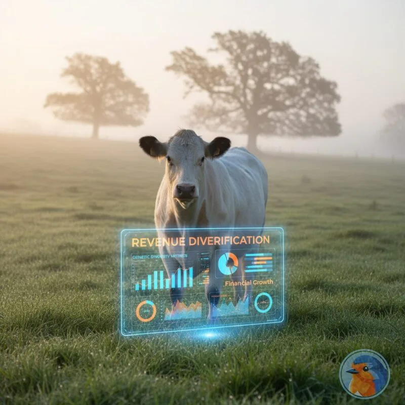 Holographic financial data floating over a misty UK meadow at dawn
