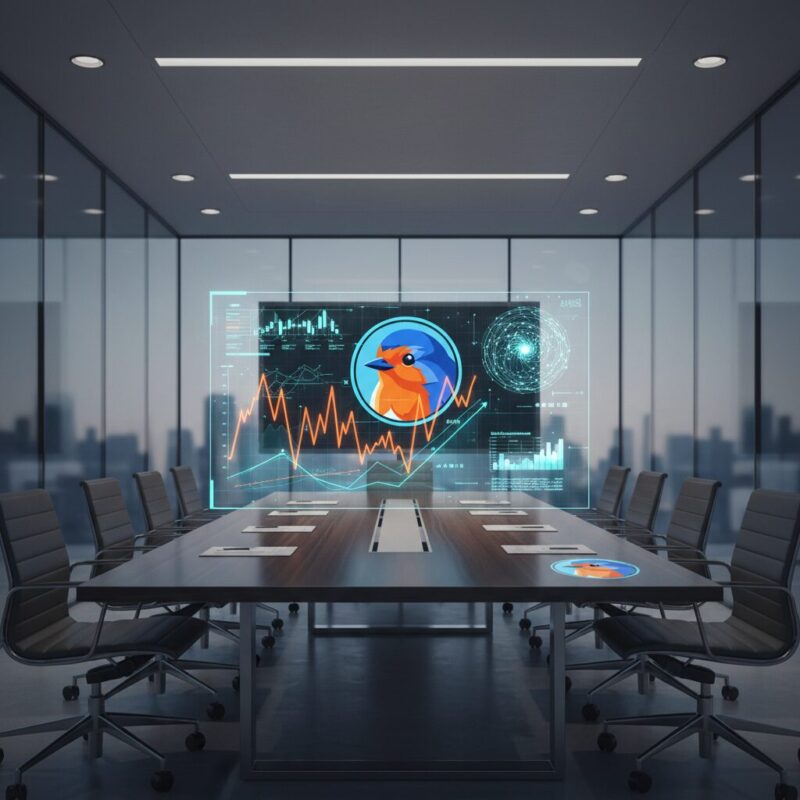Holographic financial risk chart hovering above a modern conference table
