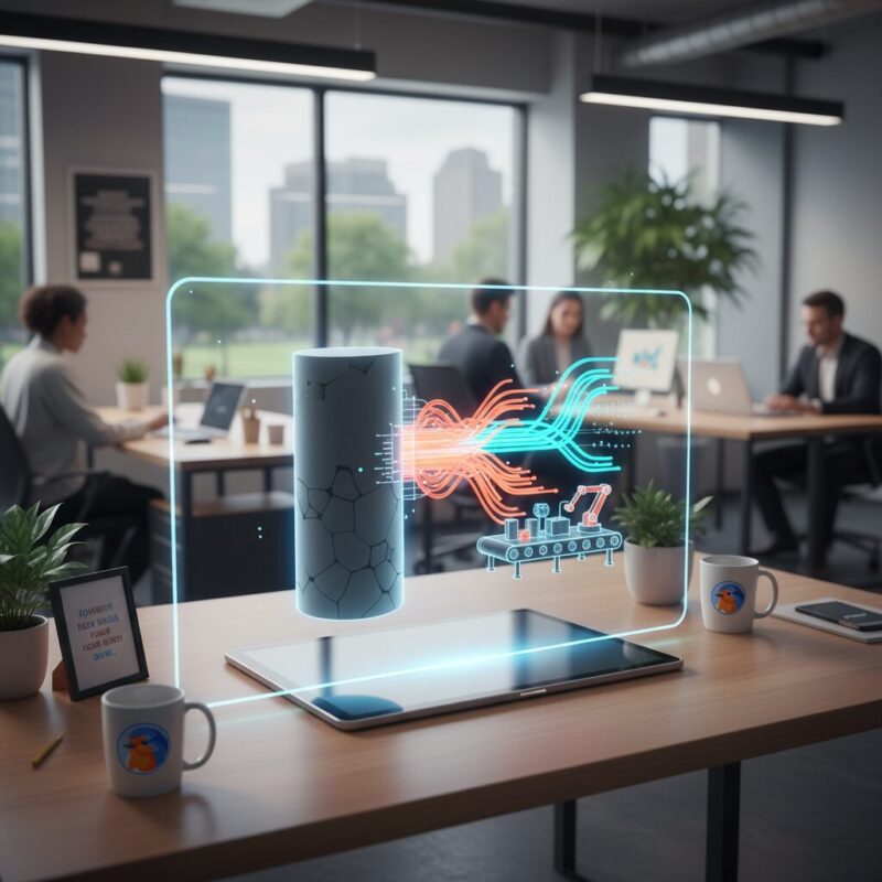 Holographic projection comparing static database storage with dynamic automated workflows on an office desk