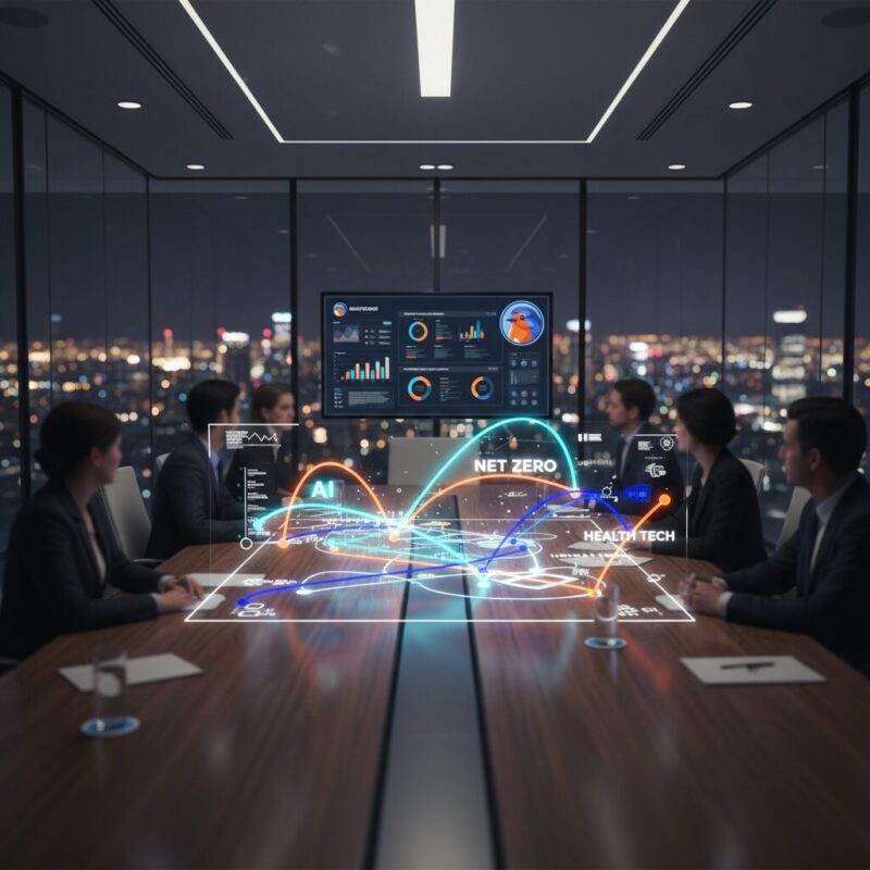 Holographic roadmap visualizing Innovate UK targeted sectors like AI and Net Zero