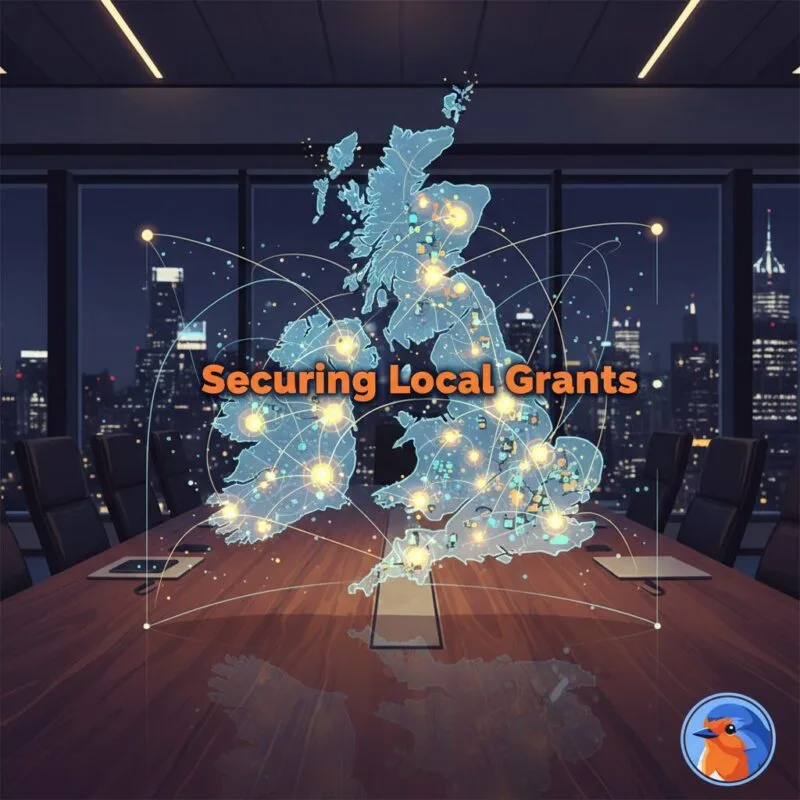 Holographic UK map floating in a modern boardroom with the text Securing Local Grants