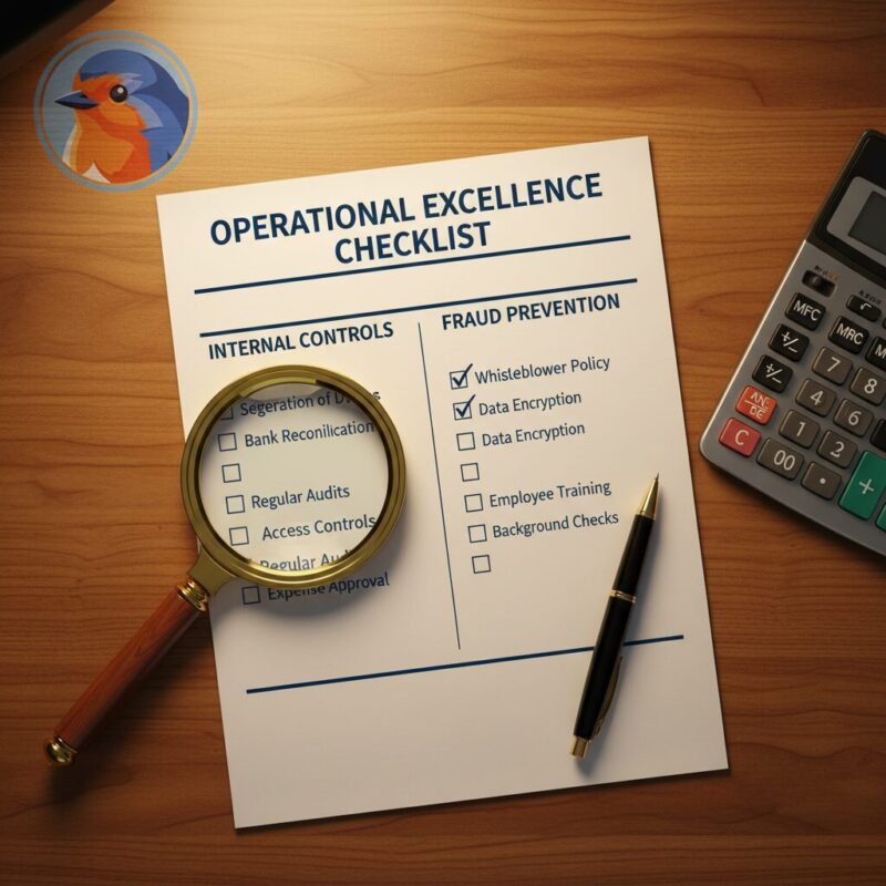 Internal controls and fraud prevention checklist with calculator and magnifying glass