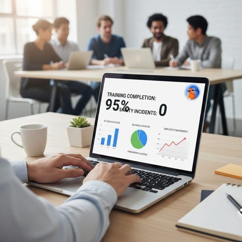 Laptop screen displaying charity training completion rates and positive culture metrics