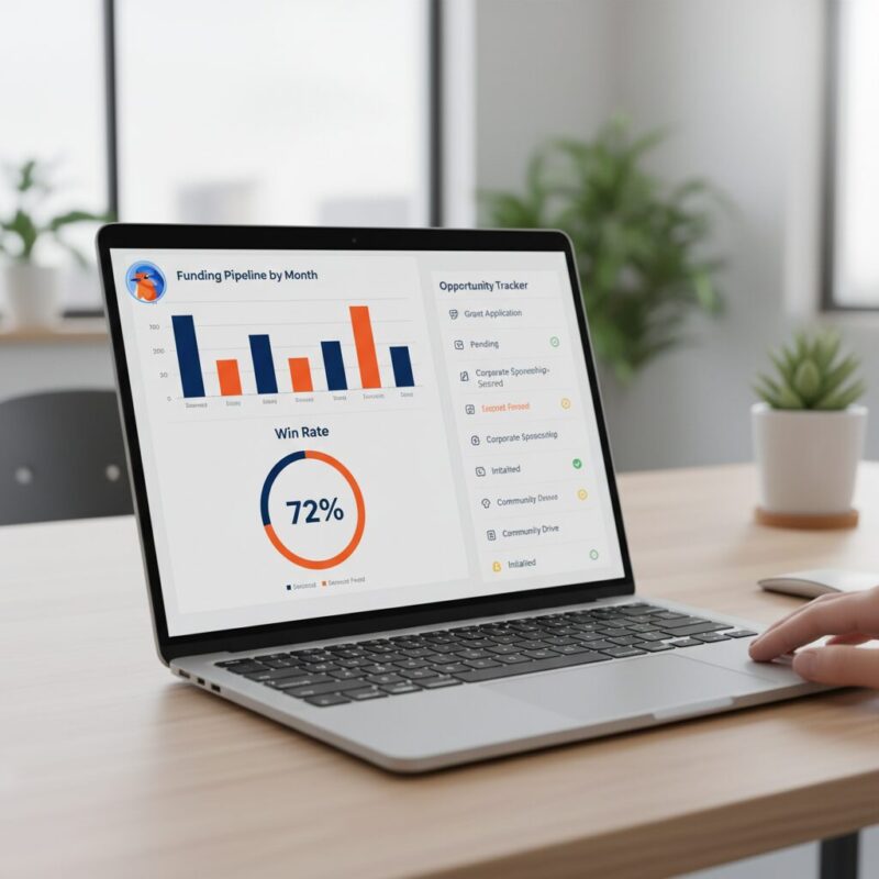 Laptop screen displaying nonprofit revenue forecasting and grant pipeline dashboard