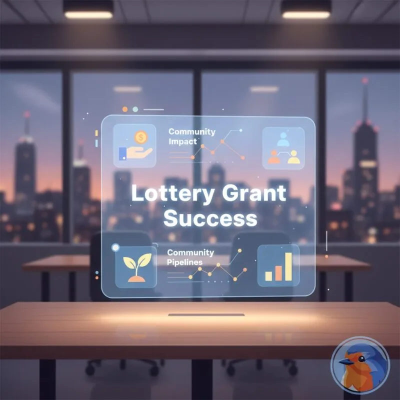 Lottery Grant Success featured image with modern office and holographic funding data