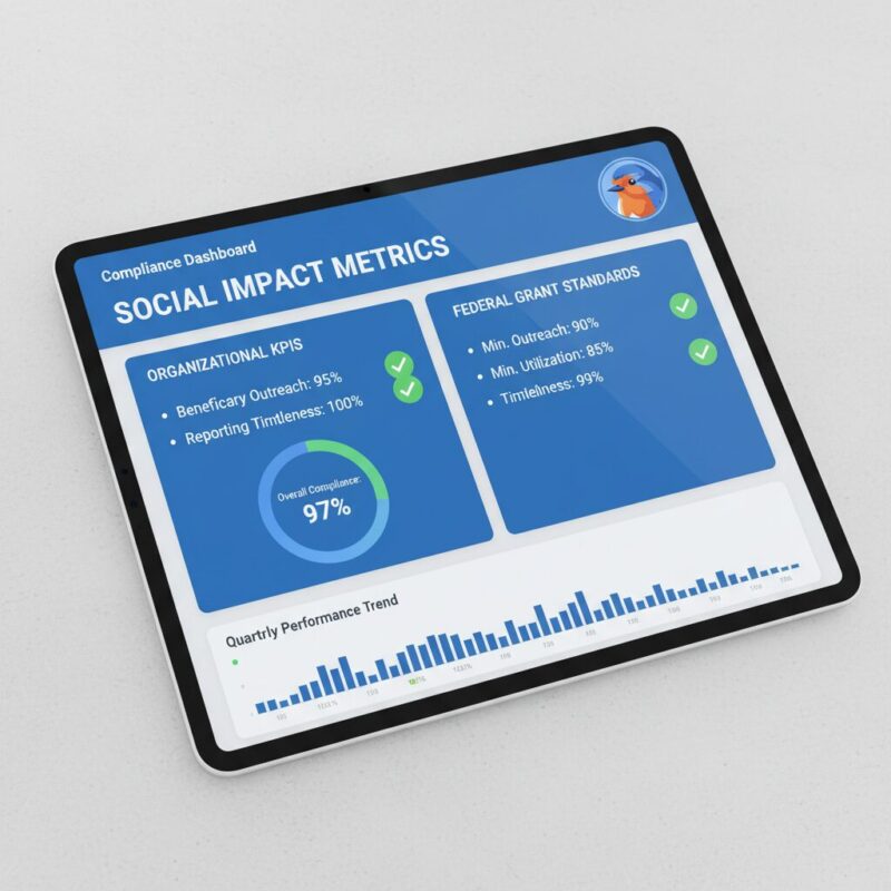 Minimalist digital dashboard showing KPI validation against federal grant compliance standards