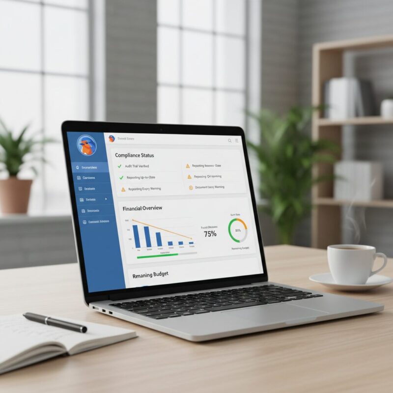 Modern grant management software dashboard displaying compliance tracking and financial alerts
