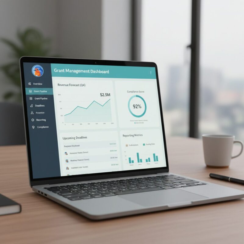 Modern grant management software dashboard showing revenue forecasting and analytics