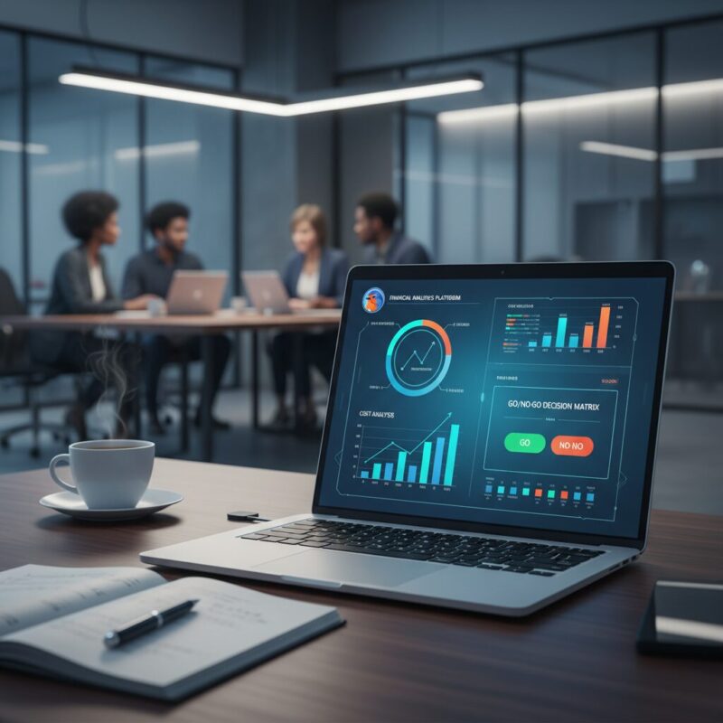 Modern laptop displaying financial ROI dashboard and grant application cost analysis