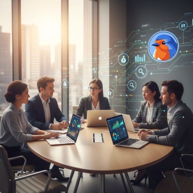 Nonprofit board members collaborating on charity funding strategy at a modern conference table