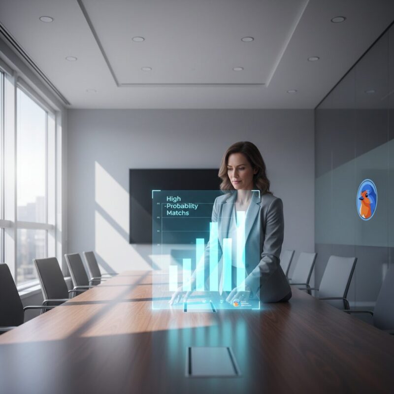 Nonprofit director analyzing high-probability grant data visualizations in a conference room