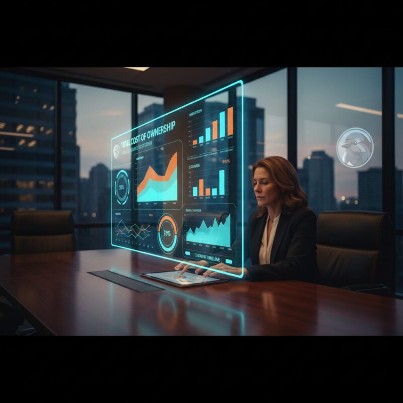 Nonprofit executive analyzing holographic financial charts showing true software ownership costs