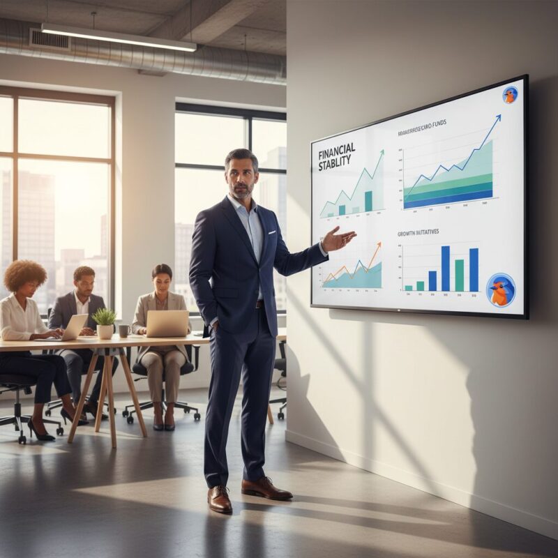 Nonprofit executive presenting financial resilience metrics on a digital display