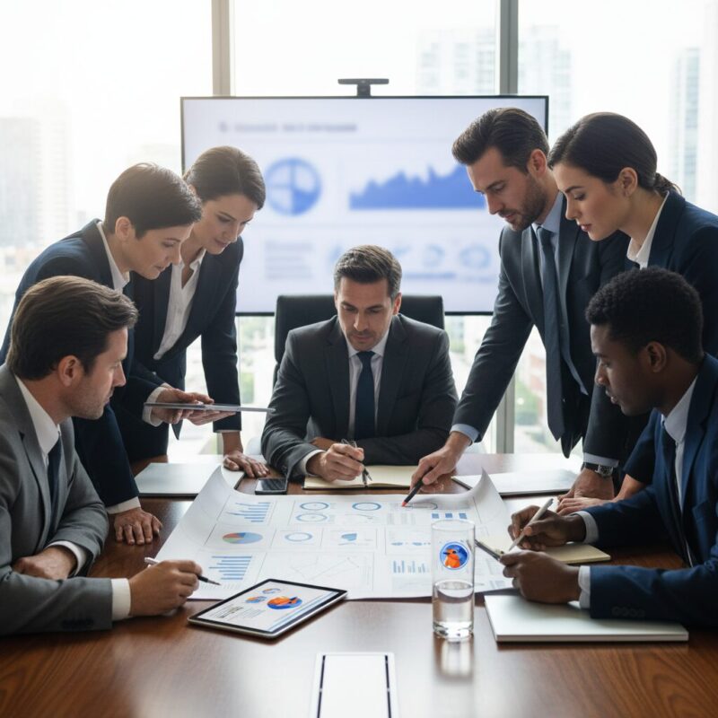 Nonprofit executive team reviewing a Case for Support blueprint during a capital campaign strategy session