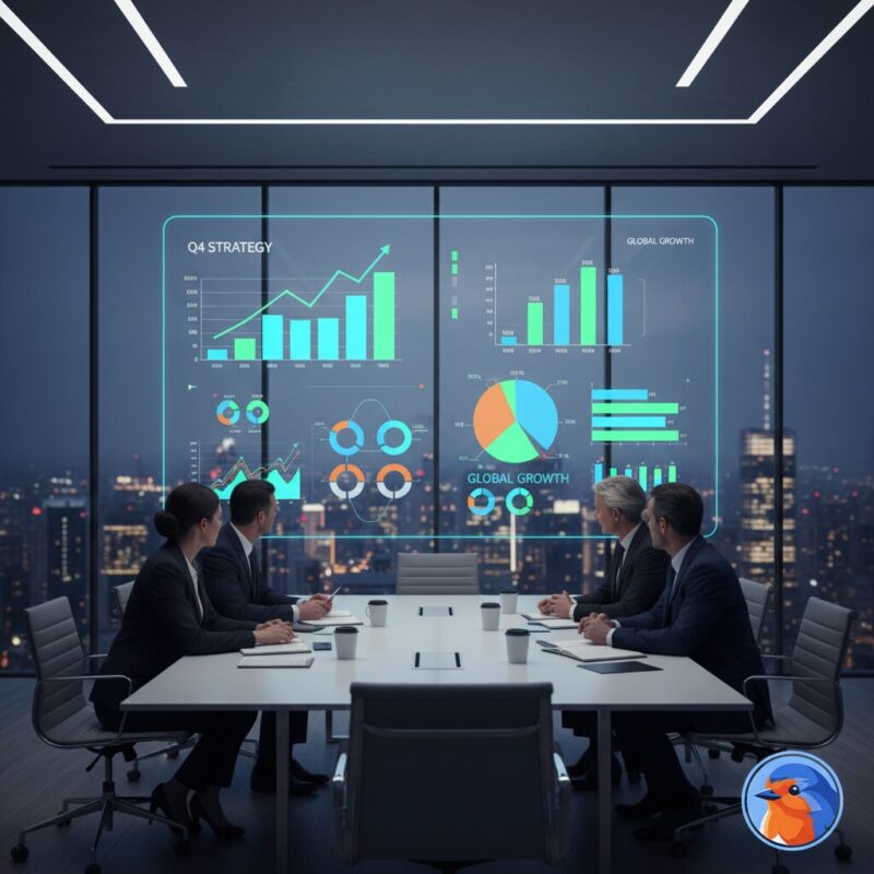 Nonprofit executives analyzing financial projections and grant strategy in a modern boardroom