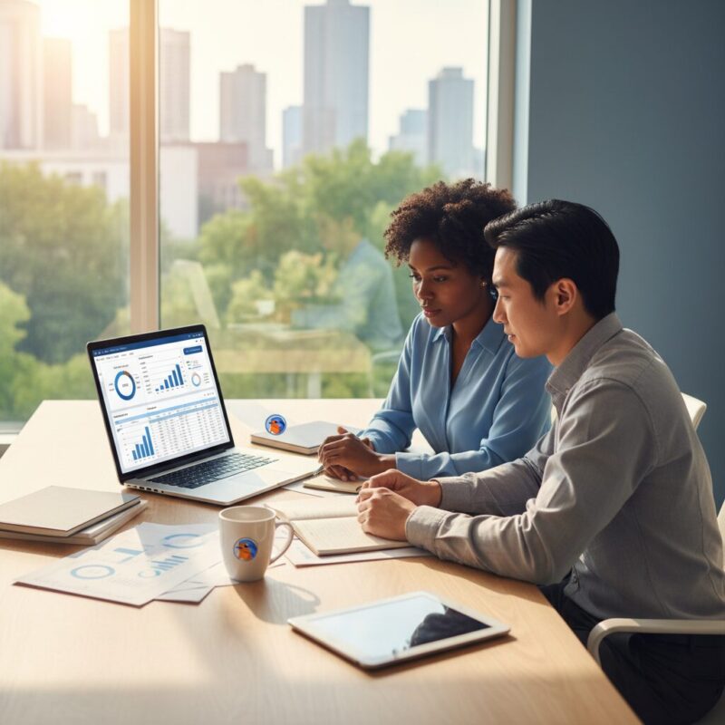 Nonprofit finance directors reviewing grant compliance documents and budgets on a laptop