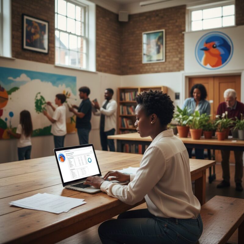 Nonprofit leader reviewing grant management software costs and ROI on a laptop