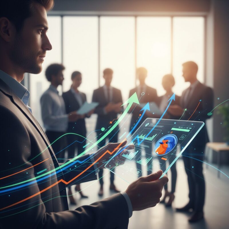 Nonprofit leaders reviewing data dashboards in a modern collaborative workspace