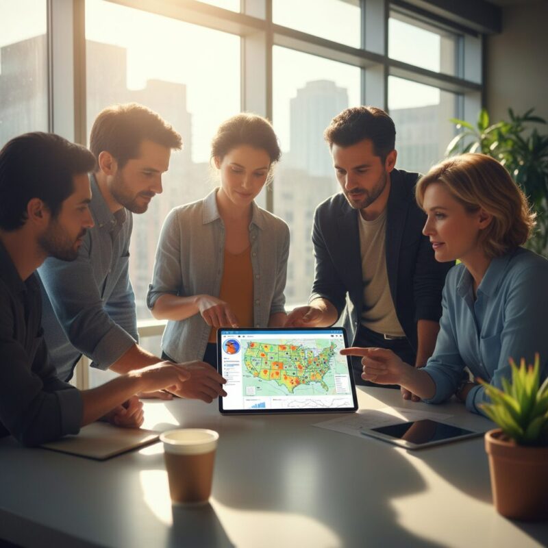 Nonprofit leaders strategically reviewing decentralized US grant opportunities on a tablet