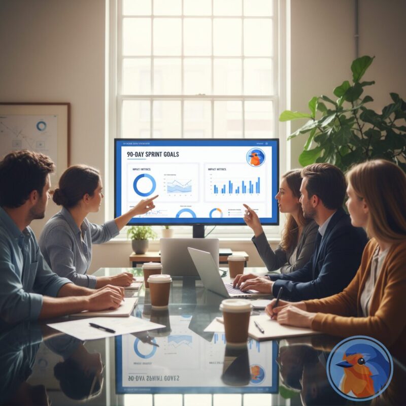 Nonprofit leadership team reviewing 90-day sprint goals on digital dashboards in a modern office