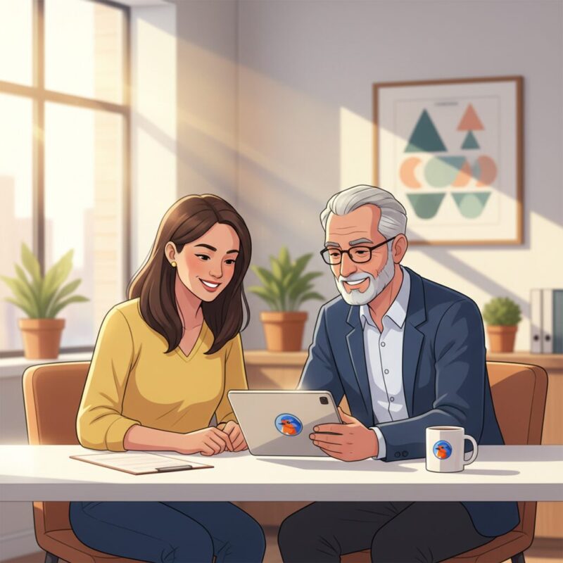 Nonprofit manager and volunteer reviewing an agreement on a tablet