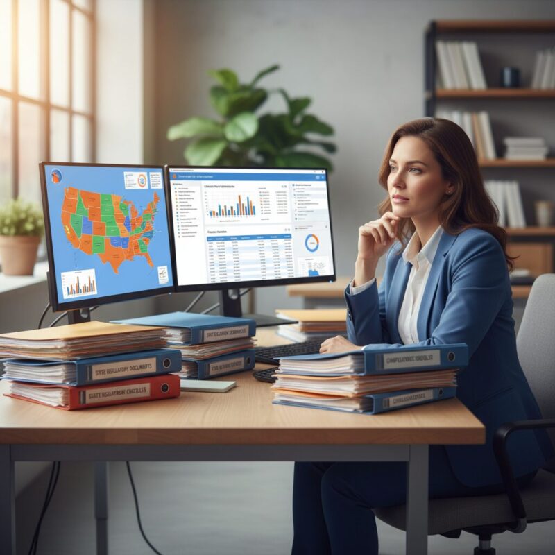 Nonprofit manager reviewing state charity registration documents on dual monitors