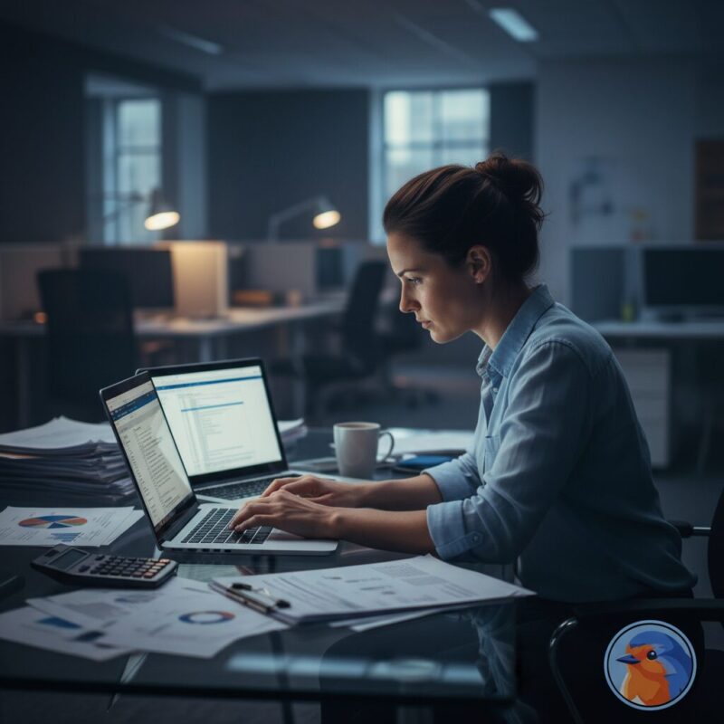 Nonprofit manager working late on charity reporting compliance across multiple screens